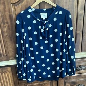 Sail to Sable blue and white polka dot blouse.